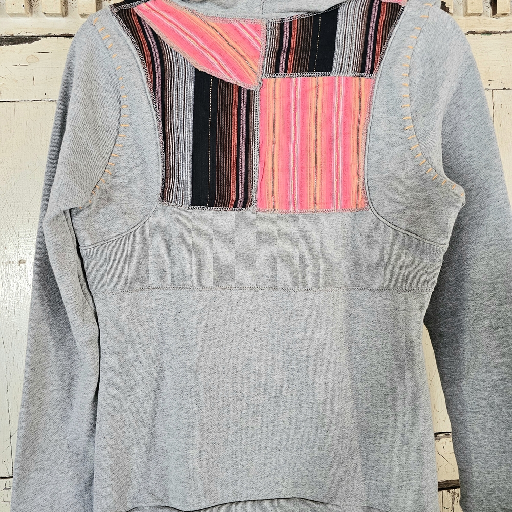 Free People Vintage Patchwork Hoodie Sweatshirt Gray Pink Trim Boho Small EUC - Picture 12 of 15